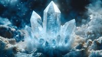 Glowing crystal clusters emerge from mystical clouds against dark sky, radiating ethereal blue light in magical fantasy landscape. Mineral formation with luminous aura.