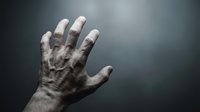 Weathered zombie hand reaching upward against dark atmospheric background for horror themed designs and Halloween projects.