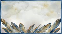Watercolor horizontal banner with blue and golden feathers on a soft cloudy background, framed with a navy border, copy space for text.