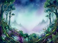 Enchanted forest landscape with glowing magical lights, mystical trees framing misty valley, ethereal atmosphere with purple and green tones, fantasy woodland scenery for digital art and design projects.