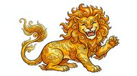 Golden lion with ornate mane and decorative swirls, isolated on white background, suitable for logos, t-shirt designs, and clipart applications.