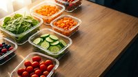 Healthy meal prep containers with fresh vegetables on wooden kitchen counter for weekly planning and nutritious eating habits.