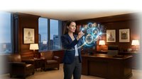 Professional businesswoman interacting with futuristic holographic interface in modern office environment showcasing advanced technology and innovation.