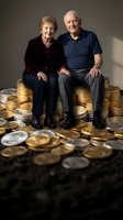 Senior Caucasian couple sitting on stacks of golden coins representing wealth, retirement savings, financial security and investment success for elderly people.