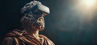 Ancient marble sculpture wearing modern virtual reality headset against dark background with dramatic lighting, merging classical art with contemporary technology.