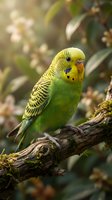 Yellow and green budgerigar perched on branch with blurred foliage background. Small parakeet with blue wing markings and detailed feather patterns ideal for wildlife and nature projects.
