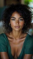 Young woman with dark curly hair, olive skin tone, and blue eyes wearing a teal shirt and gold hoop earrings. Portrait for beauty, fashion, and lifestyle marketing campaigns.