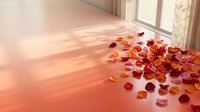 Scattered red and pink rose petals on wooden floor with warm sunlight streaming through window creating romantic atmosphere for valentines day.