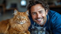 Cheerful mature Caucasian man with white smile embracing two cats - ginger Maine Coon and grey British Shorthair. Pet care and animal companionship concept.