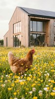 Free-range hen walking through a wildflower meadow with a modern wooden barn and solar panels in the background on a sunny day.