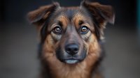 Close up portrait of brown and black mixed breed dog with soulful eyes and alert expression against blurred dark background, selective focus on face.