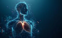 Glowing digital anatomical visualization of human respiratory system with lungs highlighted in orange against dark background with particle effects.