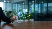 Businessman holding holographic globe with recycling symbol and environmental icons in modern office workspace for sustainability and green business concepts.