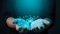 Hands holding glowing digital network globe with connected nodes and data visualization, representing global connectivity, technology innovation, and digital transformation for business solutions.
