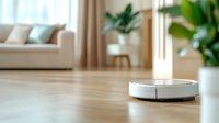 Modern robotic vacuum cleaner working on wooden floor in minimalist living room with beige sofa, houseplants and natural lighting.