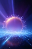 Futuristic portal with glowing ring structure floating above luminous blue surface emitting light rays in cosmic space background.