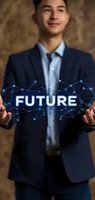 Young Asian businessman in navy suit gesturing with holographic future text and network connections floating between hands against textured background.