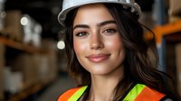 Young Hispanic female construction worker or engineer wearing safety helmet and high visibility vest smiles confidently in warehouse setting with storage racks background.