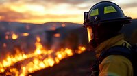 Firefighter in protective gear observes controlled burn operation during dramatic sunset, flames illuminate foreground while sky glows with orange and gold hues.