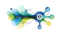Modern business strategy infographic with colorful geometric shapes and connected icons showing growth analytics and planning elements for presentations.