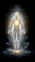 Glowing ethereal figure with light emanating from heart chakra against cosmic background, surrounded by stars and energy waves in spiritual awakening scene.