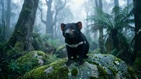 Tasmanian devil sitting on moss-covered rock in misty forest with ferns and trees creating atmospheric wildlife scene for nature and conservation projects.