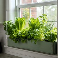 Fresh herbs and leafy greens growing in modern indoor windowsill planter box with natural sunlight for sustainable home gardening and cooking.
