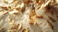 Glass dropper bottle with golden oil surrounded by metallic gold leaves on textured beige surface. Natural cosmetic product in warm sunlight creates luxury spa atmosphere.