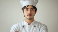Young Asian male chef in traditional white uniform and toque blanche standing with confident pose against neutral background, professional culinary portrait.