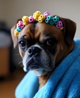 Adorable boxer dog wearing colorful spiral hair clips crown wrapped in cozy blue blanket, looking at camera with serious expression. Pet fashion and grooming concept.