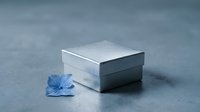 Silver metallic gift box with lid on textured surface next to blue decorative flower element for luxury packaging and presentation concepts.