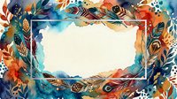 Watercolor feather frame with colorful plumes border and empty white space for text. Boho style decorative element with tribal patterns and autumn colors.