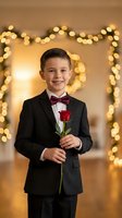 Young boy in formal black tuxedo with burgundy bow tie holding red rose against warm bokeh lights background for special occasion celebration.