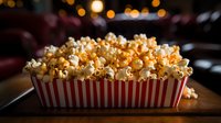 Fresh buttery popcorn in red striped container on wooden surface with blurred bokeh lights in background, ready for movie night entertainment.