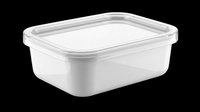 Empty white rectangular food storage container with transparent hinged lid, isolated on transparent background. Ready for design use on packaging, product mockups, labels, and print-on-demand applications.