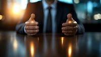 African American businessman in dark suit showing thumbs up gesture at reflective table with bokeh lights, conveying positive business approval and leadership.