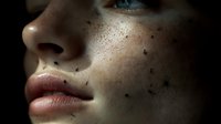 Close-up of young woman with freckles and natural skin texture, showing facial features and complexion for beauty, skincare, and cosmetics marketing purposes.