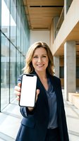 Professional businesswoman displaying blank smartphone screen in modern office building lobby for app presentation and digital marketing mockup.
