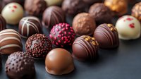 Assorted luxury chocolate truffles and pralines with different toppings and decorations on dark background, selective focus. Sweet gourmet confectionery concept.