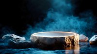 Stone pedestal on dark background with mystical blue smoke and rocks, dramatic lighting creates mysterious atmosphere for product photography and creative compositions.