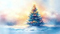 Decorated Christmas tree standing alone in snowy winter landscape with colorful aurora lights dancing across starry sky creating magical holiday atmosphere.