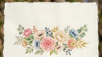 Watercolor floral arrangement with pink roses, peach blooms, blue flowers, berries and green foliage on textured cream paper background for wedding invitations and stationery designs.