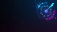 Futuristic digital interface with glowing circular HUD elements and neon lights on dark background for technology presentations and sci-fi designs.