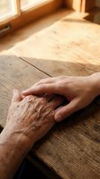 Young hand gently covering elderly wrinkled hand on wooden table in warm sunlight showing intergenerational care and family support concept.