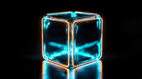 Glowing neon blue cube with transparent glass edges on dark background creates futuristic atmosphere. Luminous geometric shape reflects on surface with bright light effect.