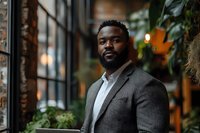 Professional African American businessman in gray suit smiling confidently in modern office space with plants and warm lighting for corporate marketing.