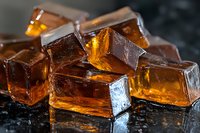 Translucent amber glass cubes with golden-brown hues arranged on dark reflective surface, suitable for beverage, luxury product, and design projects.