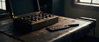 Wooden box filled with chocolates on a rustic table, with a dark chocolate bar inscribed with love, moody romantic atmosphere.