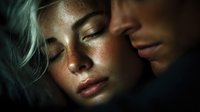 Intimate portrait of young couple with freckled woman and man in warm golden light creating romantic atmosphere for relationship and love concepts.