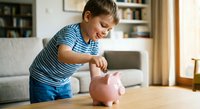 Young boy in striped shirt putting coin into pink piggy bank at home, learning financial literacy and money saving habits in cozy living room setting.
